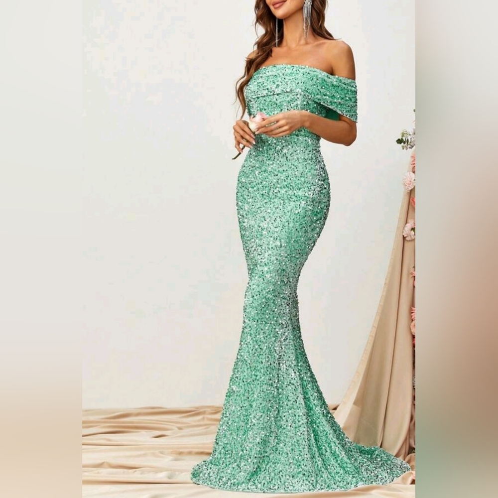 Luxe Sequin Velvet Off Shoulder Dress Mermaid Maxi Light Green - Picture 5 of 9
